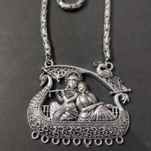 High Quality German Silver Zinc Alloy Oxidized Radha Krishna Pendant With Chain | Size 43x53 mm